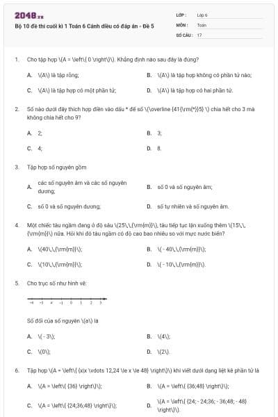 Bộ 10 đề thi cuối kì 1 Toán 6 Cánh diều có đáp án - Đề 5