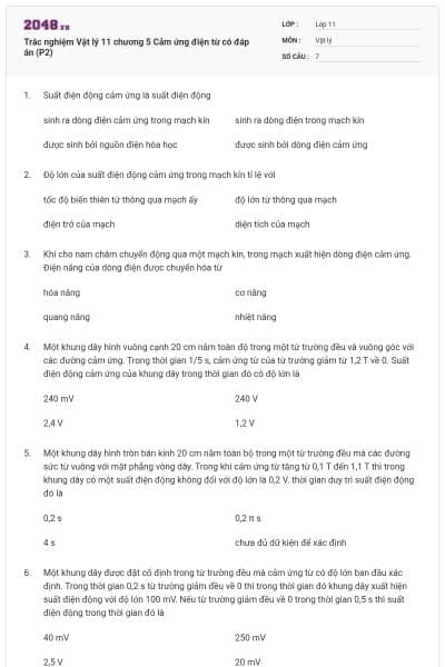 Trắc nghiệm Vật lý 11 chương 5 Cảm ứng điện từ có đáp án (P2)