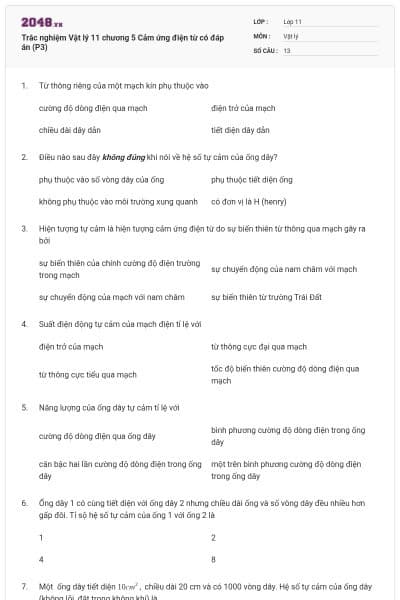 Trắc nghiệm Vật lý 11 chương 5 Cảm ứng điện từ có đáp án (P3)