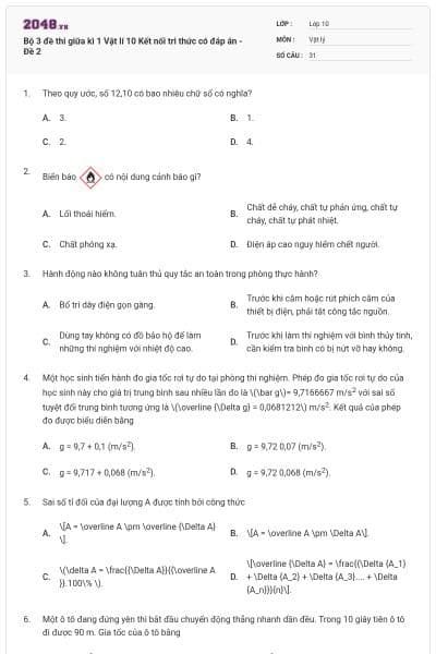 Bộ 3 đề thi giữa kì 1 Vật lí 10 Kết nối tri thức có đáp án - Đề 2