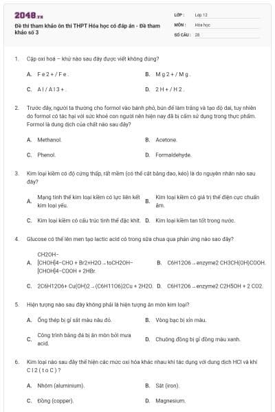 Đề thi tham khảo ôn thi THPT Hóa học có đáp án - Đề tham khảo số 3