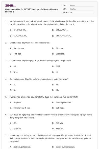 Đề thi tham khảo ôn thi THPT Hóa học có đáp án - Đề tham khảo số 6