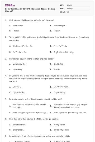 Đề thi tham khảo ôn thi THPT Hóa học có đáp án - Đề tham khảo số 7
