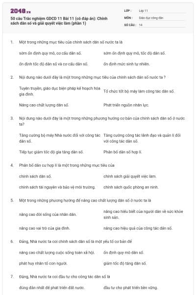 50 câu Trắc nghiệm GDCD 11 Bài 11 (có đáp án): Chính sách dân số và giải quyết việc làm (phần 1)