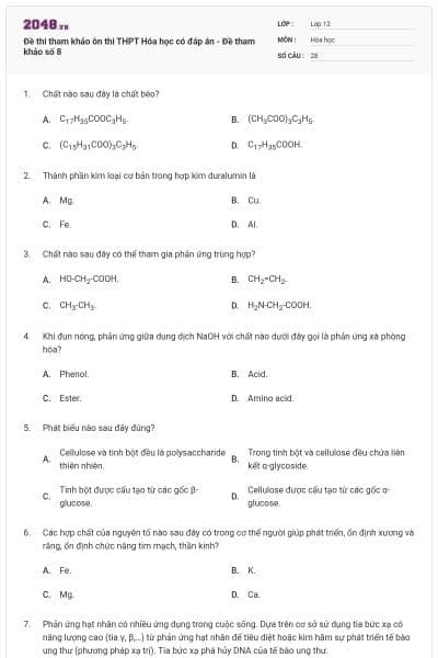 Đề thi tham khảo ôn thi THPT Hóa học có đáp án - Đề tham khảo số 8