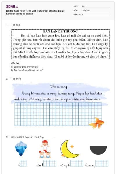 Bài tập hàng ngày Tiếng Việt 1 Chân trời sáng tạo Bài 2: Làm bạn với bố có đáp án