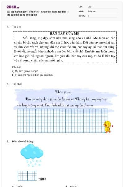 Bài tập hàng ngày Tiếng Việt 1 Chân trời sáng tạo Bài 1: Mẹ của thỏ bông có đáp án