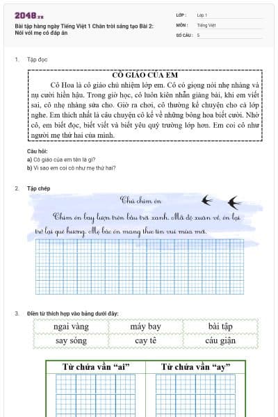 Bài tập hàng ngày Tiếng Việt 1 Chân trời sáng tạo Bài 2: Nói với mẹ có đáp án