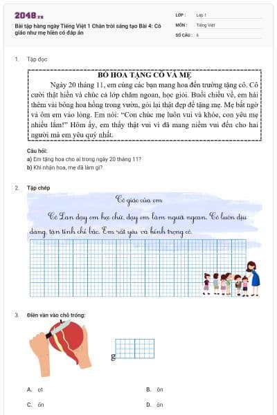 Bài tập hàng ngày Tiếng Việt 1 Chân trời sáng tạo Bài 4: Cô giáo như mẹ hiền có đáp án