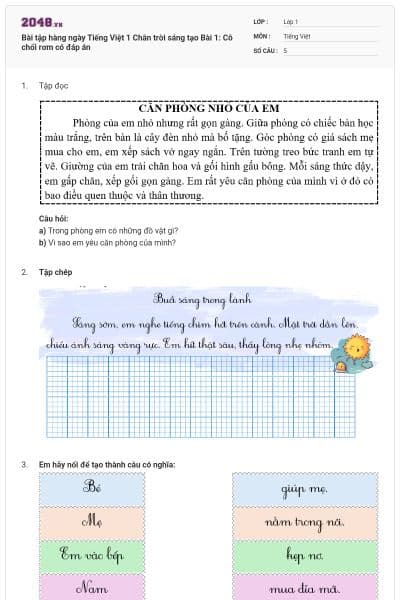 Bài tập hàng ngày Tiếng Việt 1 Chân trời sáng tạo Bài 1: Cô chổi rơm có đáp án