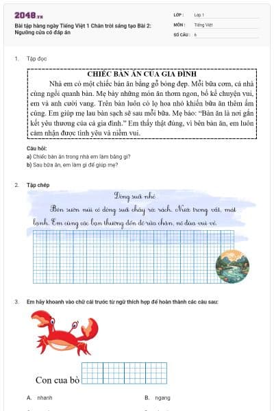 Bài tập hàng ngày Tiếng Việt 1 Chân trời sáng tạo Bài 2: Ngưỡng cửa có đáp án