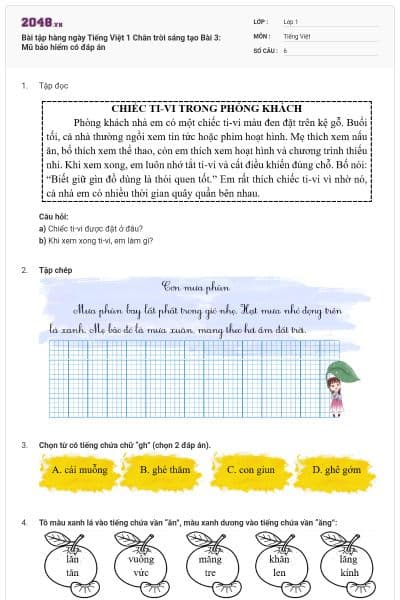 Bài tập hàng ngày Tiếng Việt 1 Chân trời sáng tạo Bài 3: Mũ bảo hiểm có đáp án