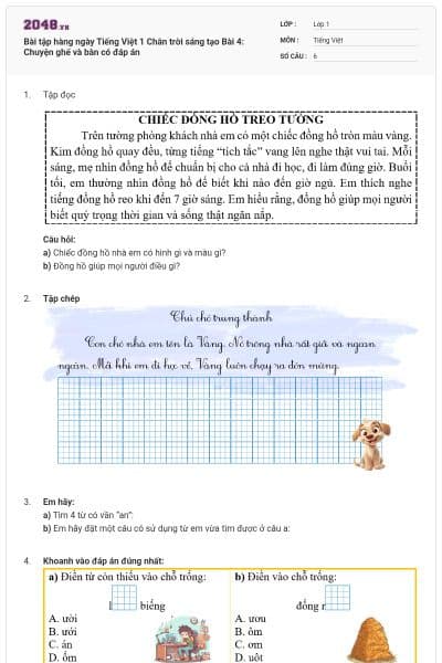 Bài tập hàng ngày Tiếng Việt 1 Chân trời sáng tạo Bài 4: Chuyện ghế và bàn có đáp án