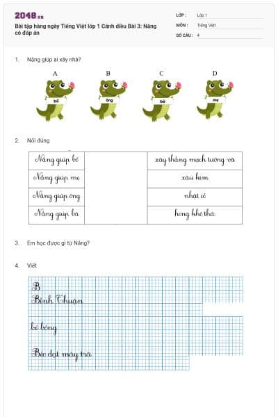 Bài tập hàng ngày Tiếng Việt lớp 1 Cánh diều Bài 3: Nắng có đáp án