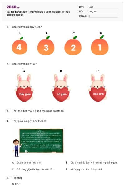 Bài tập hàng ngày Tiếng Việt lớp 1 Cánh diều Bài 1: Thầy giáo có đáp án