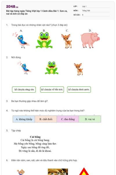 Bài tập hàng ngày Tiếng Việt lớp 1 Cánh diều Bài 1: Sơn ca, nai và ếch có đáp án