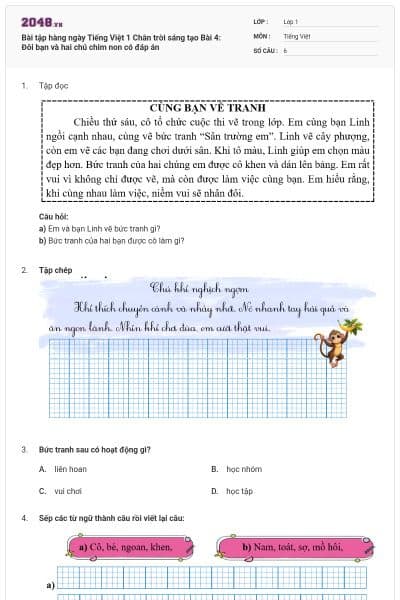 Bài tập hàng ngày Tiếng Việt 1 Chân trời sáng tạo Bài 4: Đôi bạn và hai chú chim non có đáp án