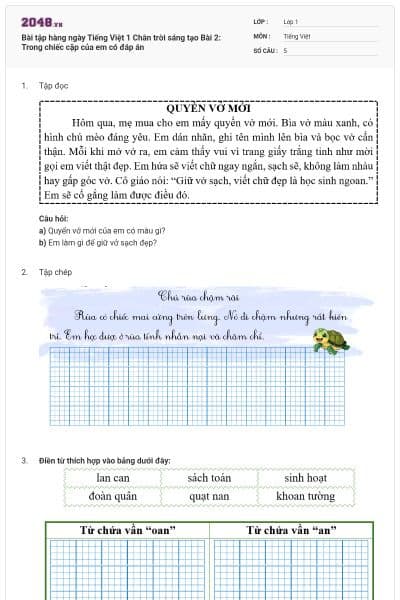 Bài tập hàng ngày Tiếng Việt 1 Chân trời sáng tạo Bài 2: Trong chiếc cặp của em có đáp án