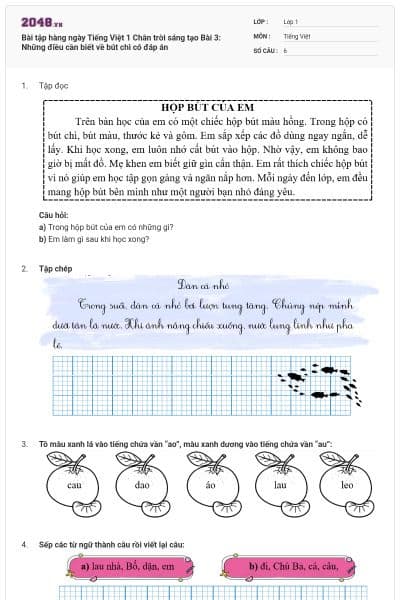 Bài tập hàng ngày Tiếng Việt 1 Chân trời sáng tạo Bài 3: Những điều cần biết về bút chì có đáp án