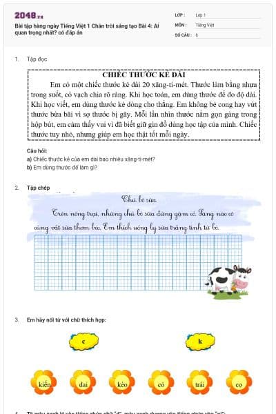 Bài tập hàng ngày Tiếng Việt 1 Chân trời sáng tạo Bài 4: Ai quan trọng nhất? có đáp án