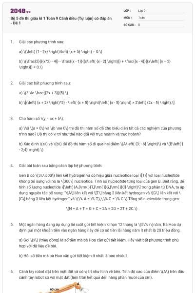 Bộ 5 đề thi giữa kì 1 Toán 9 Cánh diều (Tự luận) có đáp án - Đề 1