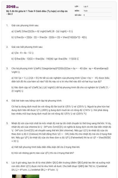 Bộ 5 đề thi giữa kì 1 Toán 9 Cánh diều (Tự luận) có đáp án - Đề 2