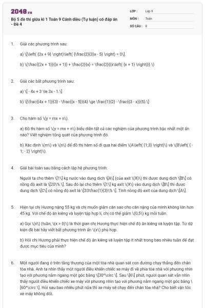 Bộ 5 đề thi giữa kì 1 Toán 9 Cánh diều (Tự luận) có đáp án - Đề 4