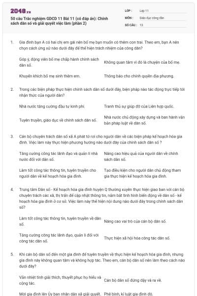 50 câu  Trắc nghiệm GDCD 11 Bài 11 (có đáp án): Chính sách dân số và giải quyết việc làm (phần 2)