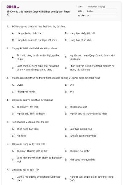 1580+ câu trắc nghiệm Dược xã hội học có đáp án - Phần 17