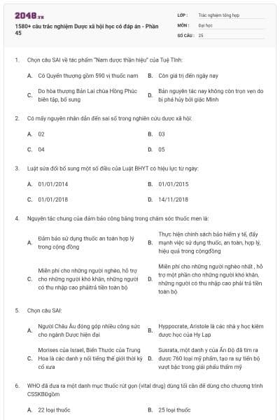 1580+ câu trắc nghiệm Dược xã hội học có đáp án - Phần 45