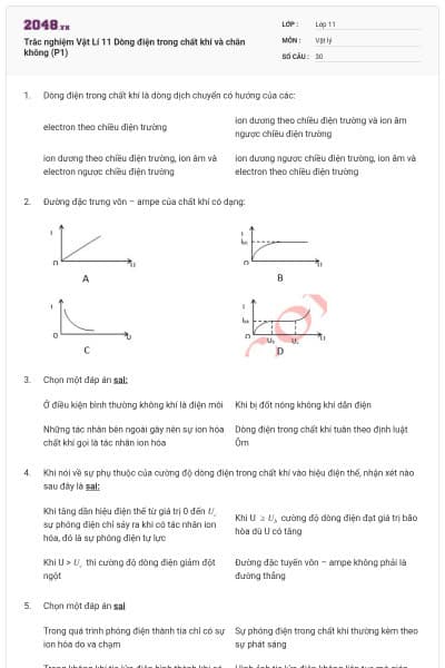Trắc nghiệm Vật Lí 11 Dòng điện trong chất khí và chân không (P1)