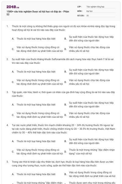 1580+ câu trắc nghiệm Dược xã hội học có đáp án - Phần 52