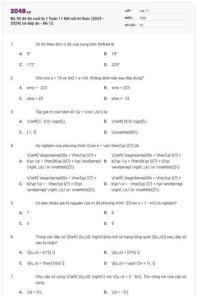 Bộ 30 đề thi cuối kì 1 Toán 11 Kết nối tri thức (2023 - 2024) có đáp án - Đề 12