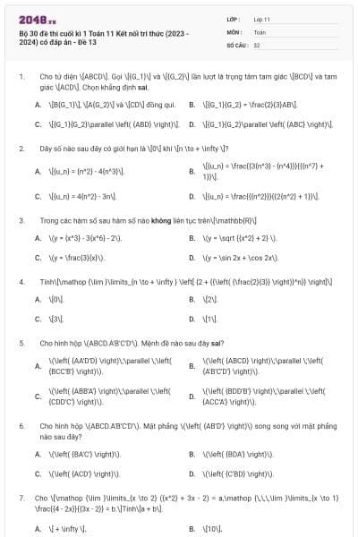 Bộ 30 đề thi cuối kì 1 Toán 11 Kết nối tri thức (2023 - 2024) có đáp án - Đề 13
