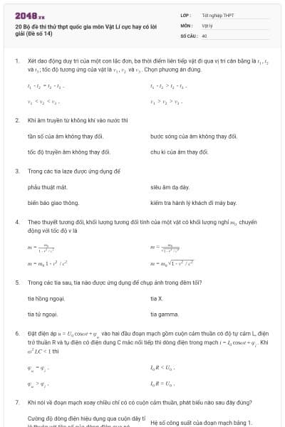 20 Bộ đề thi thử thpt quốc gia môn Vật Lí cực hay có lời giải (Đề số 14)