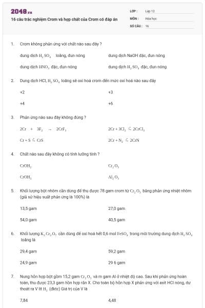 16 câu trắc nghiệm Crom và hợp chất của Crom có đáp án
