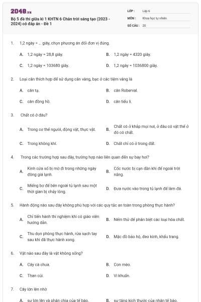 Bộ 5 đề thi giữa kì 1 KHTN 6 Chân trời sáng tạo (2023 - 2024) có đáp án - Đề 1