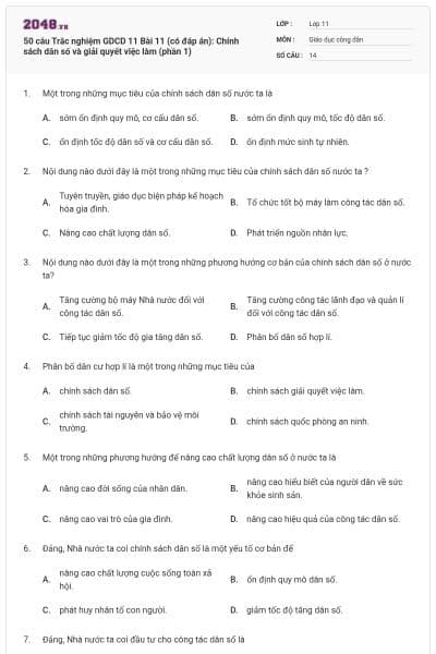 50 câu Trắc nghiệm GDCD 11 Bài 11 (có đáp án): Chính sách dân số và giải quyết việc làm (phần 1)