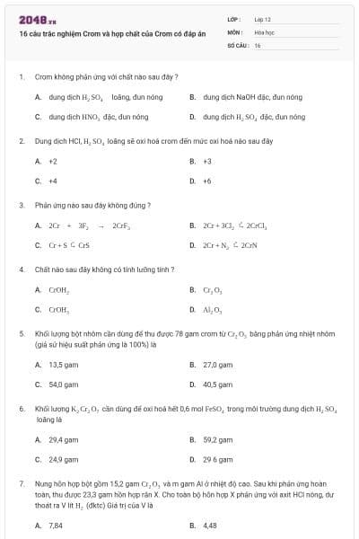 16 câu trắc nghiệm Crom và hợp chất của Crom có đáp án