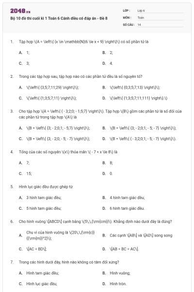 Bộ 10 đề thi cuối kì 1 Toán 6 Cánh diều có đáp án - Đề 8