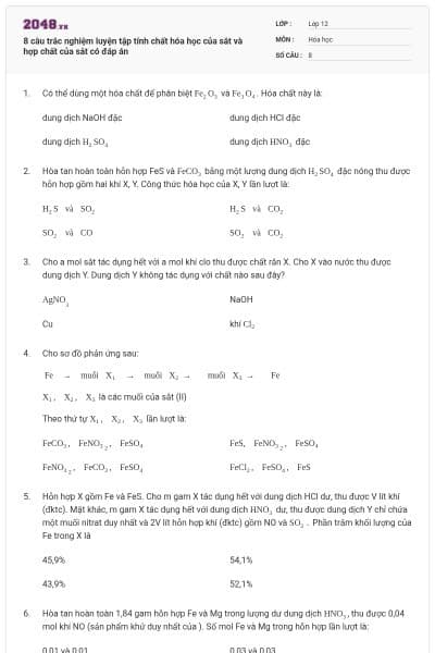 8 câu trắc nghiệm luyện tập tính chất hóa học của sắt và hợp chất của sắt có đáp án