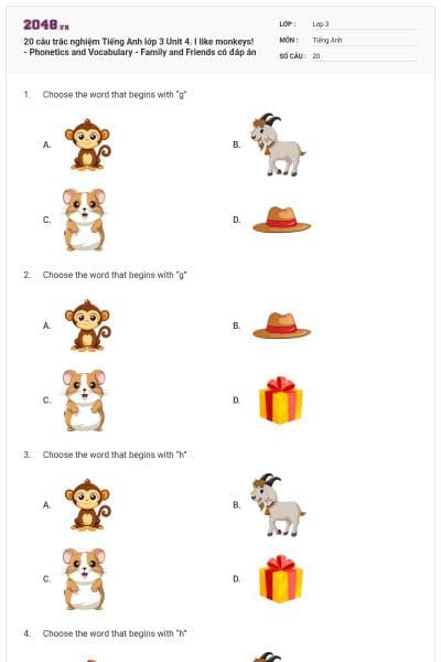 20 câu trắc nghiệm Tiếng Anh lớp 3 Unit 4. I like monkeys! - Phonetics and Vocabulary - Family and Friends có đáp án