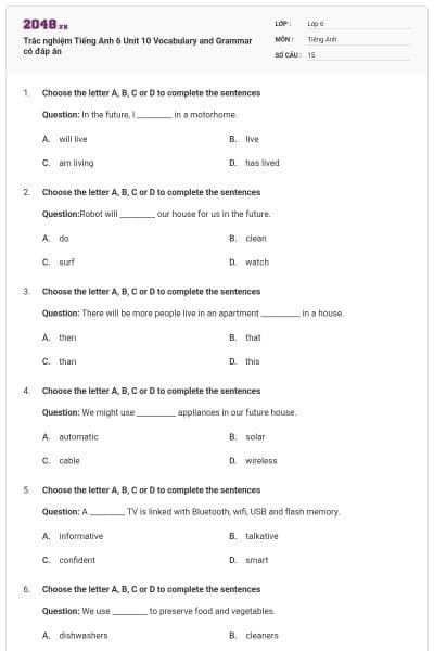 Trắc nghiệm Tiếng Anh 6 Unit 10 Vocabulary and Grammar có đáp án