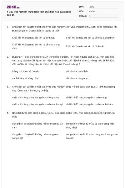 4 Câu trắc nghiệm thực hành tính chất hóa học của sắt có đáp án