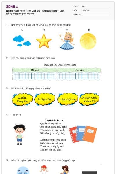 Bài tập hàng ngày Tiếng Việt lớp 1 Cánh diều Bài 1: Ông giẳng ông giăng có đáp án