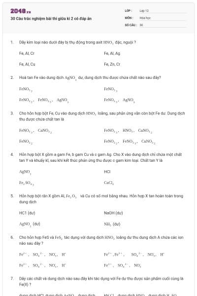 30 Câu trắc nghiệm bài thi giữa kì 2 có đáp án