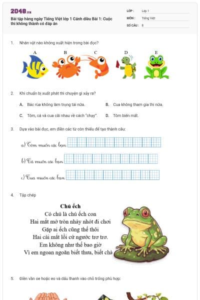 Bài tập hàng ngày Tiếng Việt lớp 1 Cánh diều Bài 1: Cuộc thi không thành có đáp án