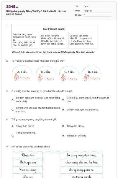 Bài tập hàng ngày Tiếng Việt lớp 1 Cánh diều Ôn tập cuối năm có đáp án