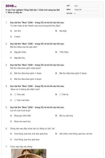 9 câu Trắc nghiệm Tiếng Việt lớp 1 Chân trời sáng tạo Bài 1: Mưa có đáp án