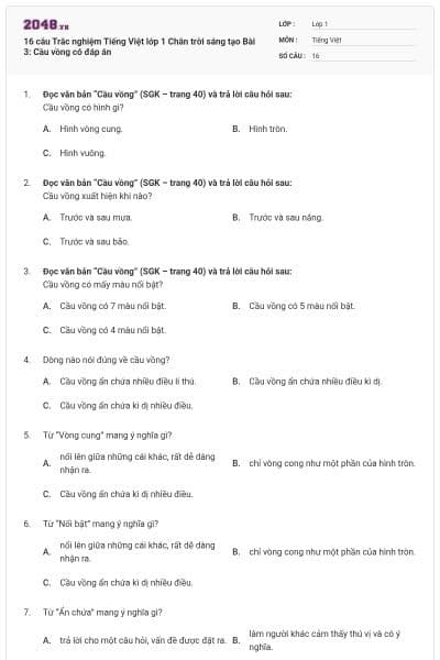 16 câu Trắc nghiệm Tiếng Việt lớp 1 Chân trời sáng tạo Bài 3: Cầu vồng có đáp án